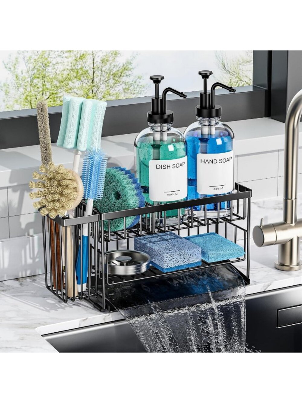 Stylish Kitchen Soap Dispenser Set with 2-Tier Sink Caddy & 17oz Glass Bottle